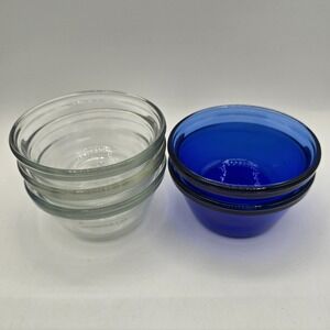 5 Vintage 6oz Custard Cups Cobalt Blue Clear Ramekins Desert Bowls